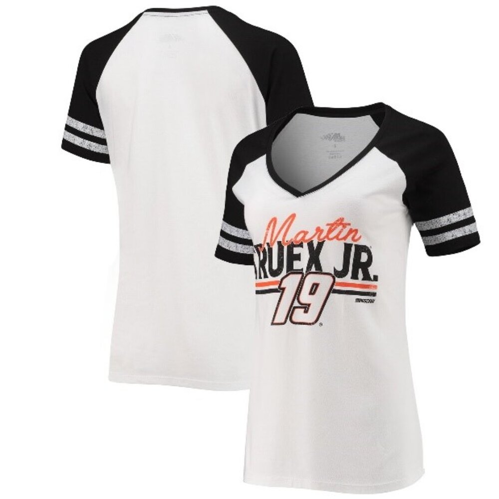 Martin Truex Jr Race Day Raglan V-Neck T-Shirt NASCAR #19 White & Black Size 2XL